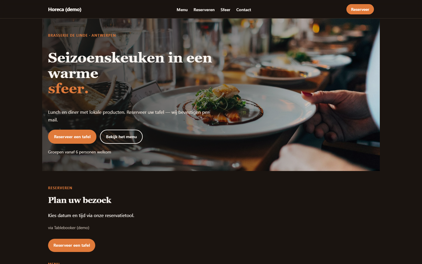 Voorbeeld van een restaurantwebsite met Horeca Desk: menu, online reserveren en afhaal